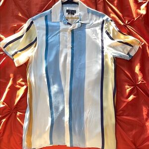 Zara Men's Blue and Yellow Striped Shirt